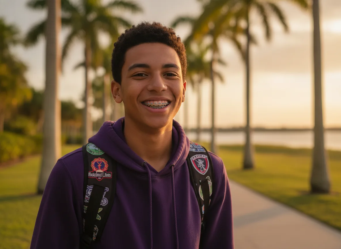Teen wearing metal braces and carrying a backpack outdoors