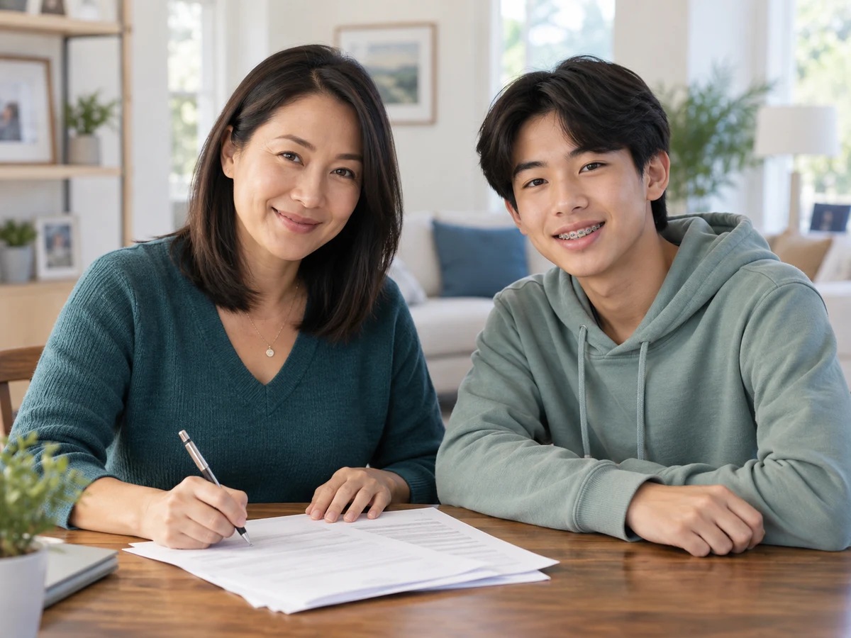 Mother completing paperwork beside her teenage son wearing braces