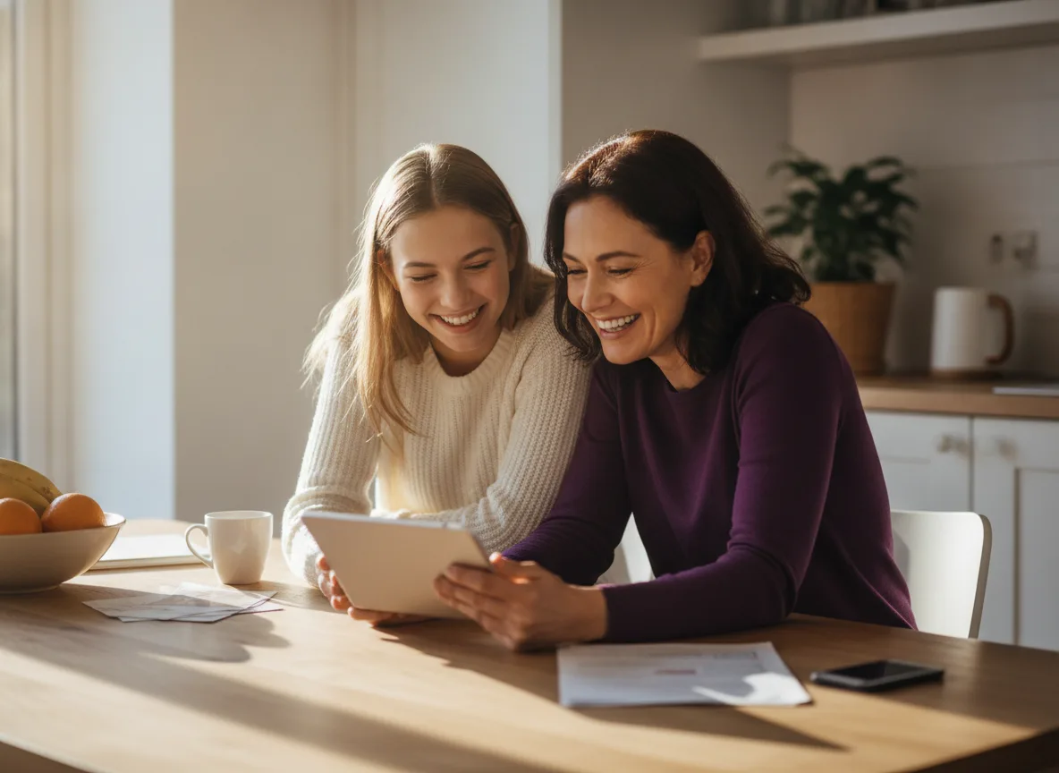 Parent and teenage patient reviewing patient information together